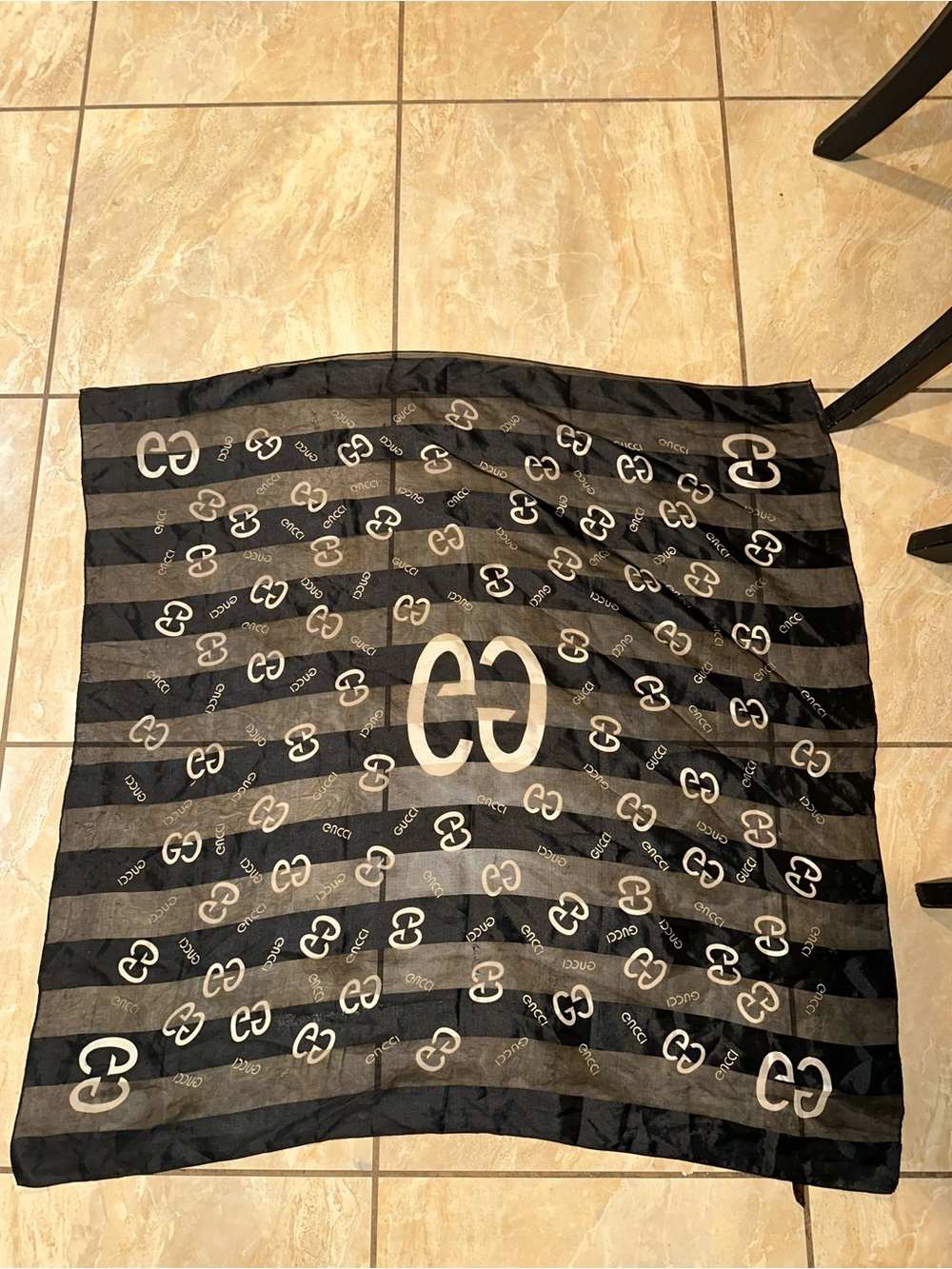 Vintage black and grey striped Gucci monogram silk scarf